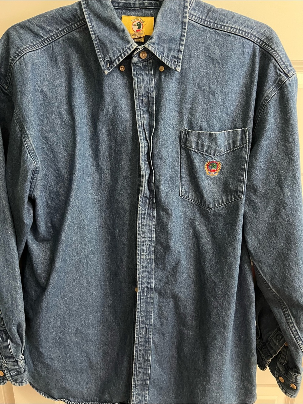 Duck Head Men's Denim Button-Down Shirt in Blue with Embroidered Chest Patch